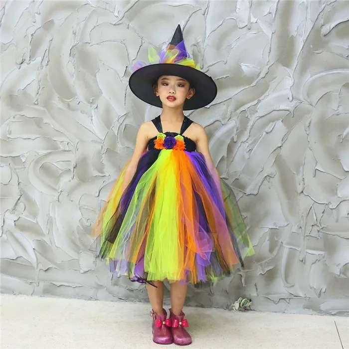 Dress with Hat Детское платье-пачка ведьмы на хеллоуин для девочек, платья-пачки на День Благодарения с шляпой, Сказочная палочка, карнавальный костюм на Хэллоуин, полный комплект - Цвет: Dress with Hat