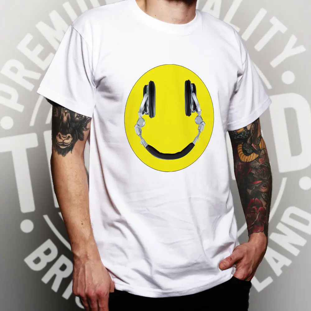 Music T Shirt Headphones Happy Smile Face Dj Musician Party Tunes Logo 2019 Summer New Men Funny Casual Brand Shirts Top Suit | Мужская