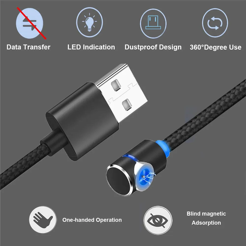 Магнитный USB кабель для зарядки 90 градусов игровой светодиодный свет IOS & Micro Type C