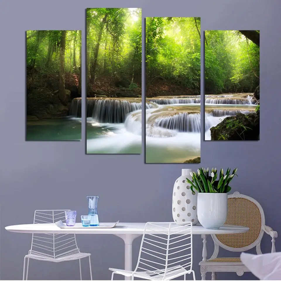 4Panel Modern Prints Forest River Painting Pictures Cuadros Canvas Art Landscape Paintings For Living Room Unframed | Дом и сад