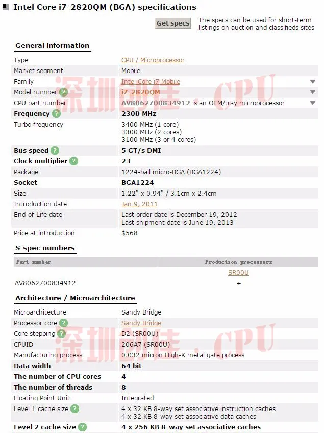 Процессор Intel i7 2820QM SR012 2,3 ГГц четырехъядерный 8 Мб кэш TDP 45 Вт 22 нм ноутбук ЦП разъем 1224 HM65 I7-2820qm