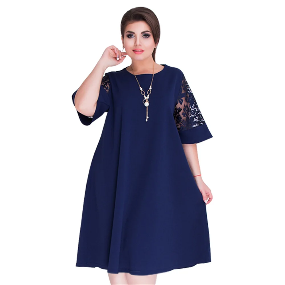 NavyBlue Женское повседневное однотонное платье больших размеров 5XL 6XL, летнее кружевное свободное платье с коротким рукавом для полных мм, элегантное винтажное платье миди, большие размеры - Цвет: NavyBlue