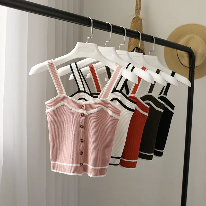 

2017 Women Knitted Vest Short Style Single Breasted Knit Singlet Tops Woman Striped Vests Costumes
