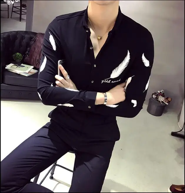 CH. KWOK Camisa Social Slim Fit повседневные черные рубашки наряды Клубные розовые рубашки мужские облегающие белые рубашки перо корейский модный - Цвет: 2