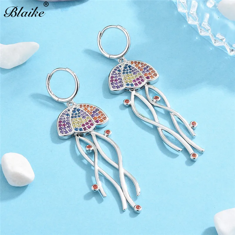Blaike 925 серебро/розовое золото длинные висячие серьги Медузы для женщин винтажные модные многоцветные серьги-капли с фианитами в минималистическом стиле