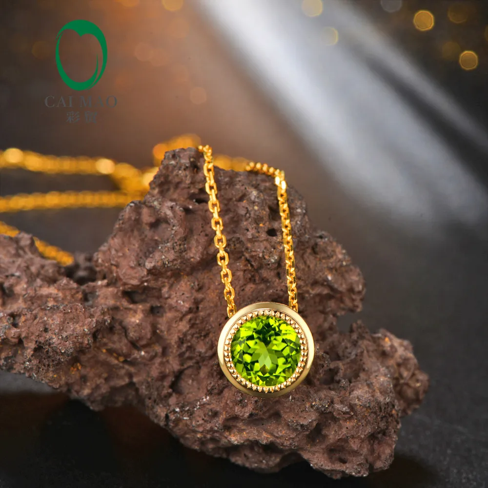 14 К желтого золота натуральный 1.88ct 7,5 мм Круглый Кулон из перидота цепи для дам Anniverary
