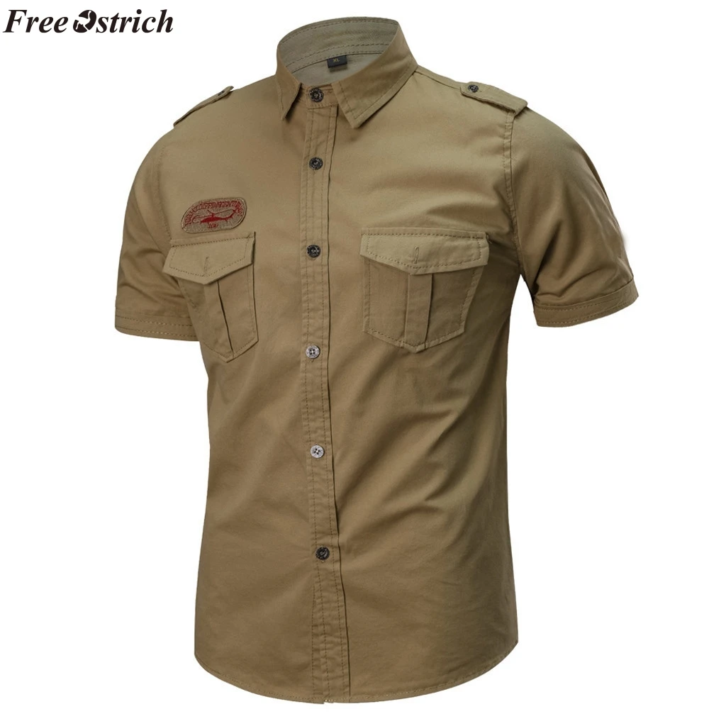 Бесплатная Страусиная мужская повседневная хлопковая рубашка в стиле милитари с