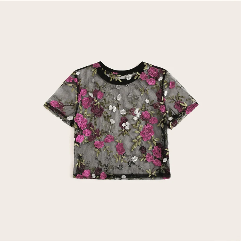 SHEIN Boho разноцветная Цветочная вышивка Прозрачная сетка Сексуальная укороченная блузка женская летняя круглый вырез короткий рукав элегантный топ блузки