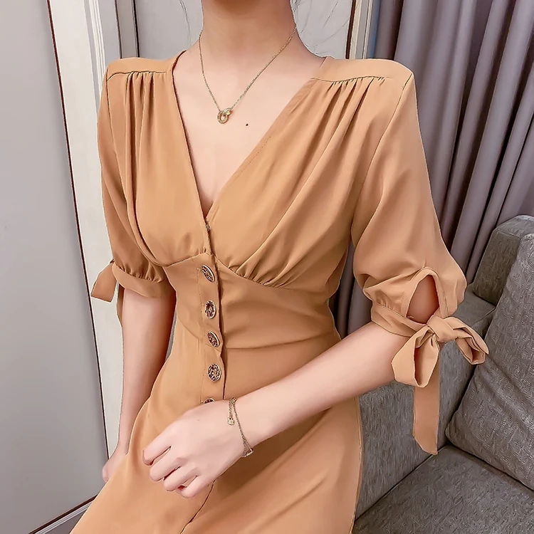2019 new French retro single-breasted waist V-neck slim dress | Женская одежда