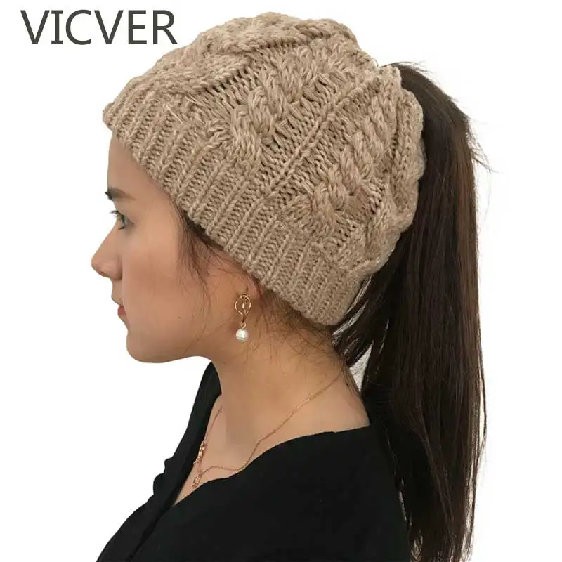 Мягкая трикотажная Женская шерстяная шапка для хвоста растягивающаяся вязаная