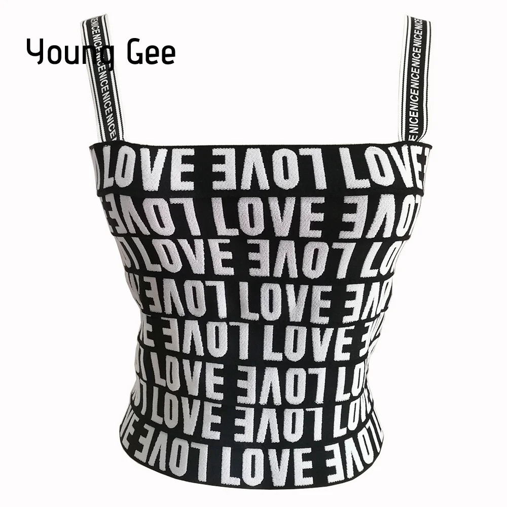 Женский укороченный топ бюстье Young Gee черный облегающий с принтом в виде сердечек