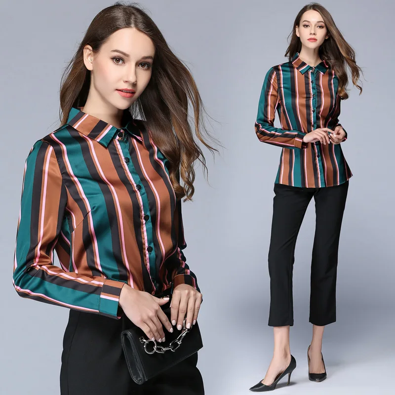 Europe Womens Fashion Tops Autumn Chiffon Blouse Plus Size Long-sleeved Printed Simple Striped Blouses Casual Shirt |