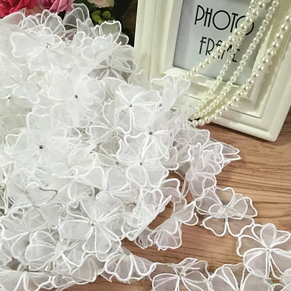 3 ярда/Лот DIY органза вышивка и ткань кружевные нашивки для одежды 3D бисер цветок