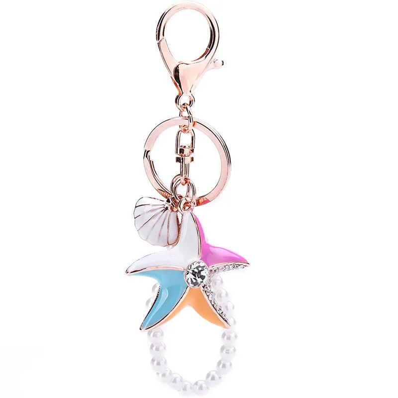 

Metal Rhinestone Starfish Shell Pearl Bag Hanger Key chain Fashion Key ring Souvenir for women girls