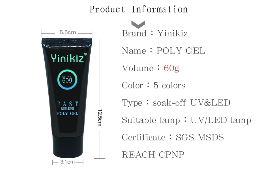 Yinikiz, 5 цветов, 60 г, 8 шт., набор из полигеля, двойная функция, кисть для ногтей, форма для ногтей, модель для ногтей, жидкое решение для выскальзывания, УФ, быстрый набор гелей
