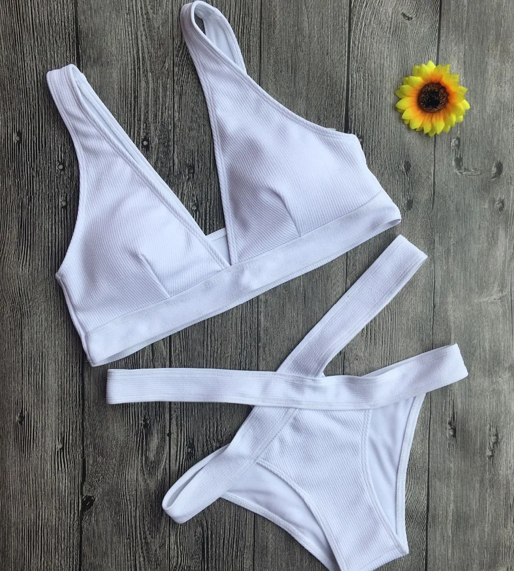 Новинка 2017 белый цвет бандажный комплект бикини с высокой талией купальник