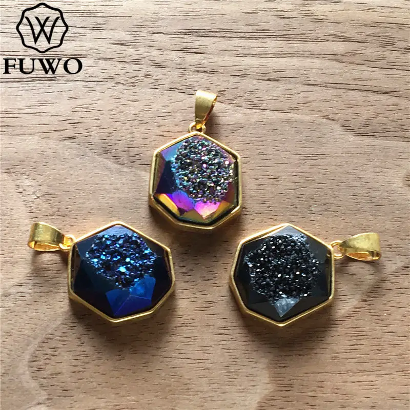 Fewo граненый аура Druzy Heptagon Разъем Кулон с золотым ободком отделан для изготовления