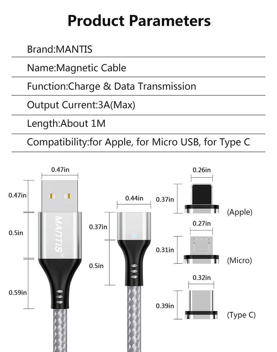 Магнитный зарядный Micro USB кабель MANTIS для iPhone samsung 3 в 1, кабель type C, 3 А, кабель для быстрой зарядки и передачи данных, магнитный шнур, зарядное устройство