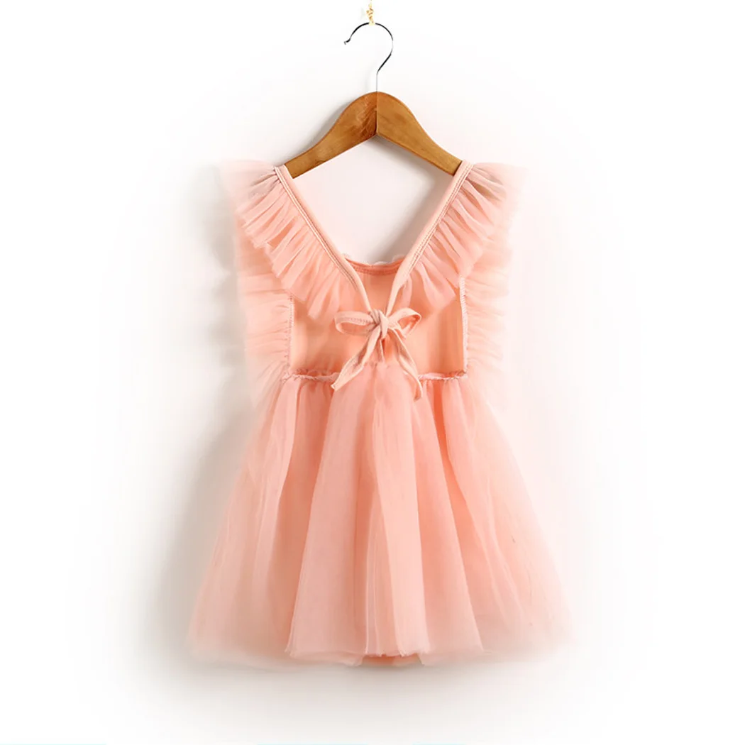 Детское платье для девочек Розовое Сетчатое кружевное с оборками фатиновое