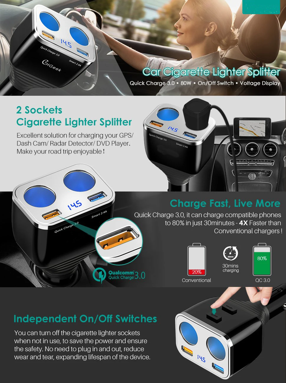 USB Quick Charge 3,0 Автомобильное зарядное устройство 80 Вт 2 гнезда прикуривателя двойной USB порт Автомобильный адаптер питания для iPhone iPad Android