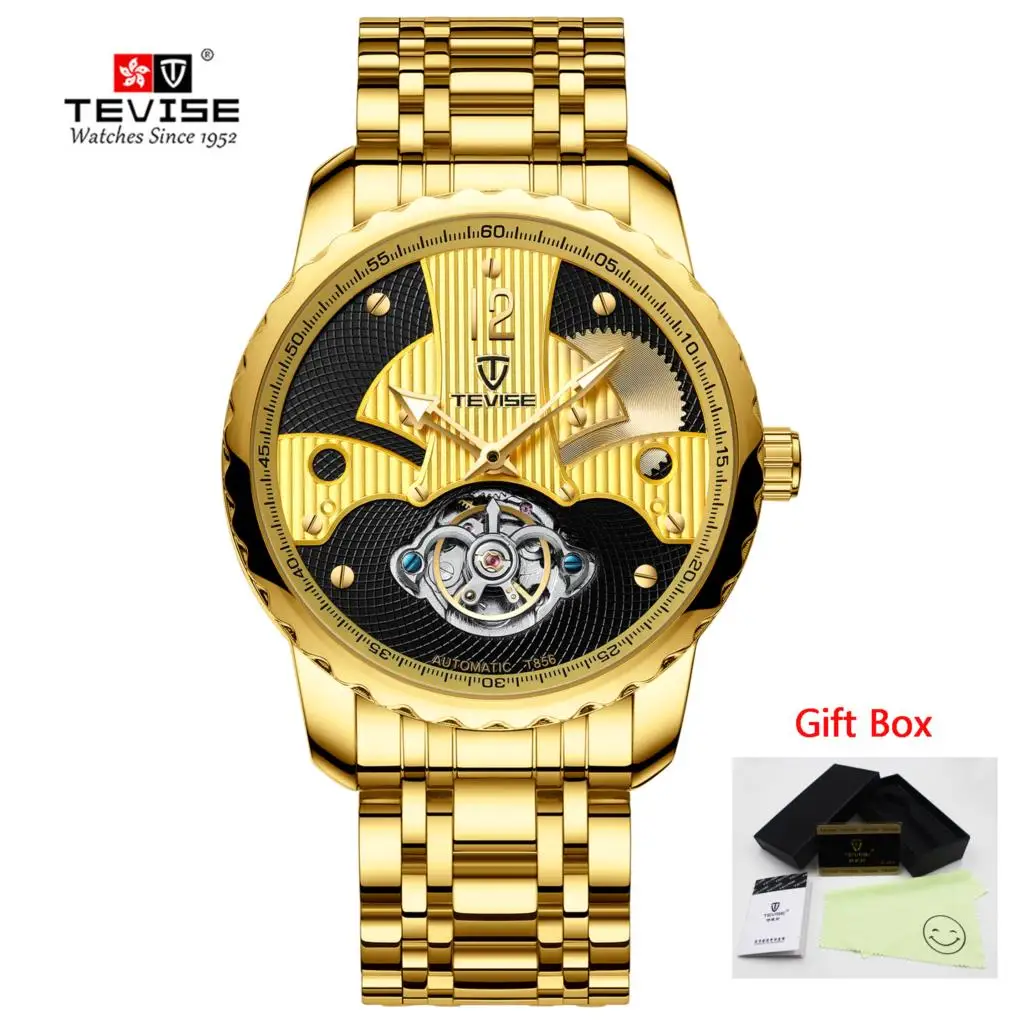 TEVISE gold black Tevise, Мужские автоматические механические часы, мужские роскошные брендовые водонепроницаемые часы с каркасом турбийоном, золотые мужские наручные часы, Relogio Masculino - Цвет: TEVISE gold black