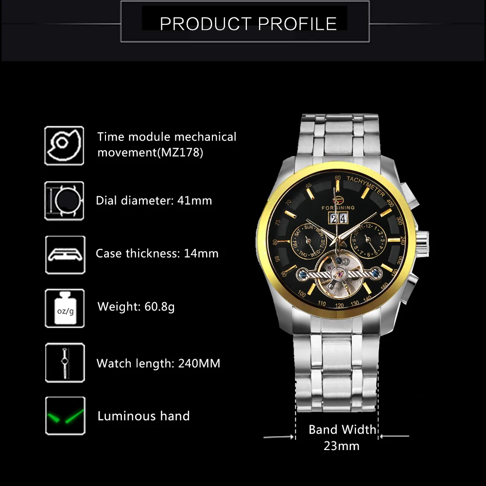 FORSINING модные автоматические механические часы с турбийоном мужские ремешком из