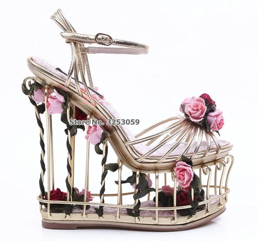 pink as picture ALMUDENA/роскошные золотистые сандалии с металлической клеткой; свадебные туфли с объемными цветами; цвет розовый, красный; туфли на платформе и высоком каблуке - Цвет: pink as picture
