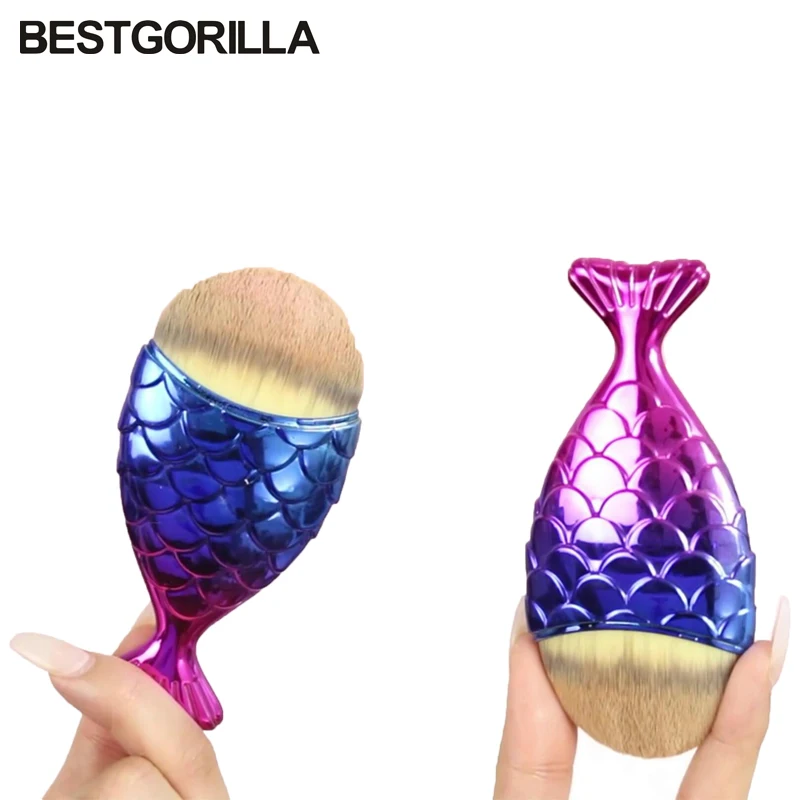 Best quality Fashion Mermaid Fish Makeup Brushes Powder Blush Foundation Make Up Brush Cosmetic Tools Bag Separately | Красота и
