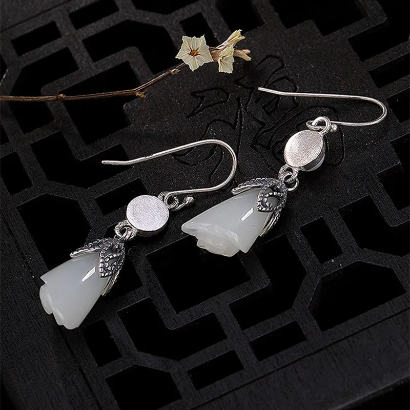 Uglyless Elegant Romantic Floral Earrings Women Handmade Solid 925 Silver Pearls Natural White Jade Thai Bijoux | Украшения и