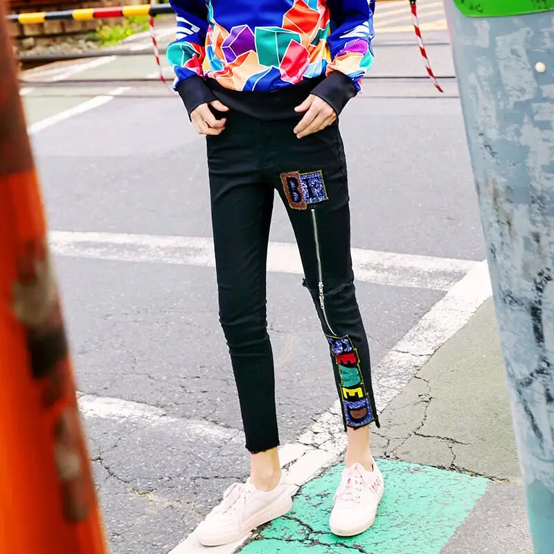 2019 летние дизайнерские джинсы с блестками модные тонкие женские узкие брюки |