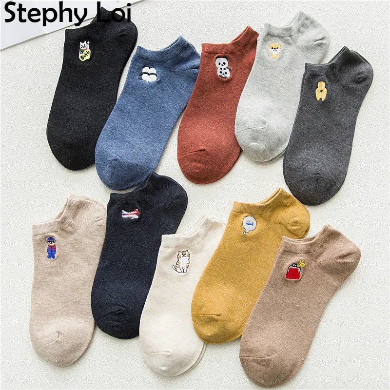 

Harajuku cute cartoon kitty cat panda 5 pairs women boat cotton socks funny kawaii embroidery no show sox summer girl yellow