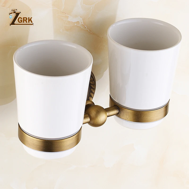 ZGRK Cup& Tumbler Holders Retro Brass Material Wall Mounted Bathroom Fitting Accessories Chrome Brass Double Cup Holders