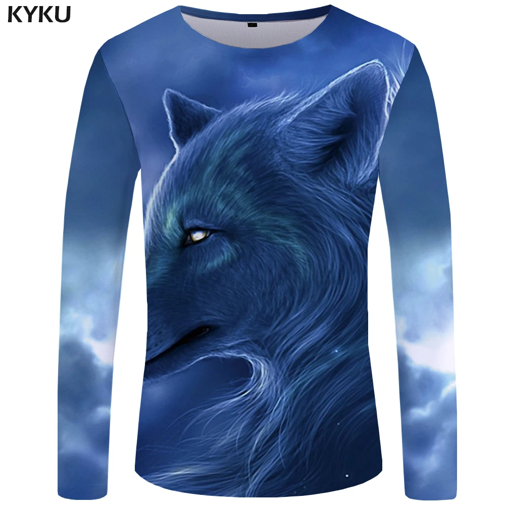 KYKU Wolf T shirt Men Long sleeve shirt Love Streetwear Snow Graphic Mountain Clothes Jungle 3d T-shirt Hip hop Mens Clothing