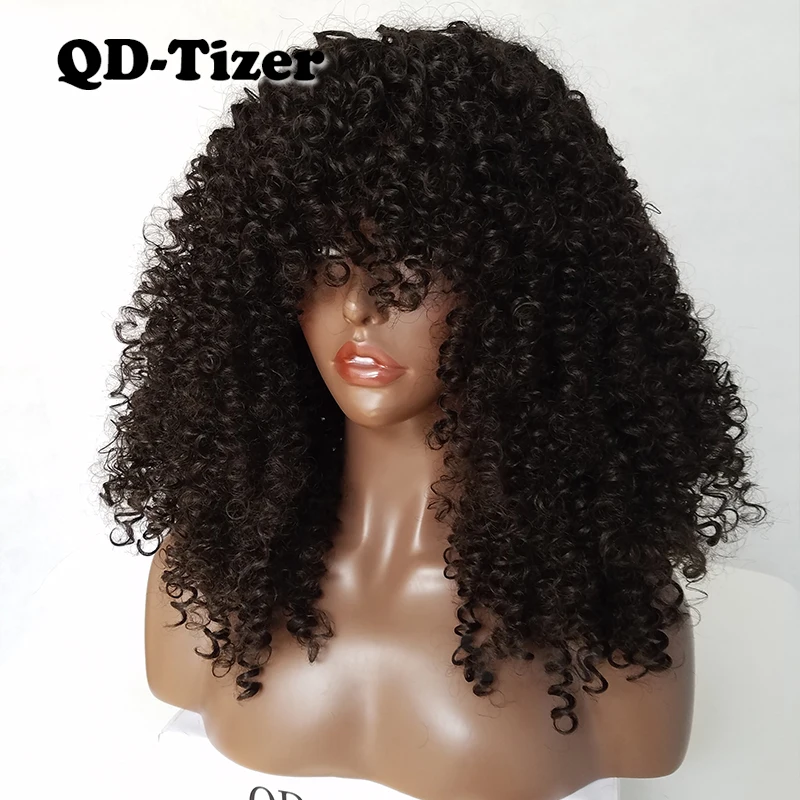 QD-Tizer Kinky Curly Wig High Density Long Black Color Synthetic No Lace Wig Silk Base Heat Resistant Hair For Black Women