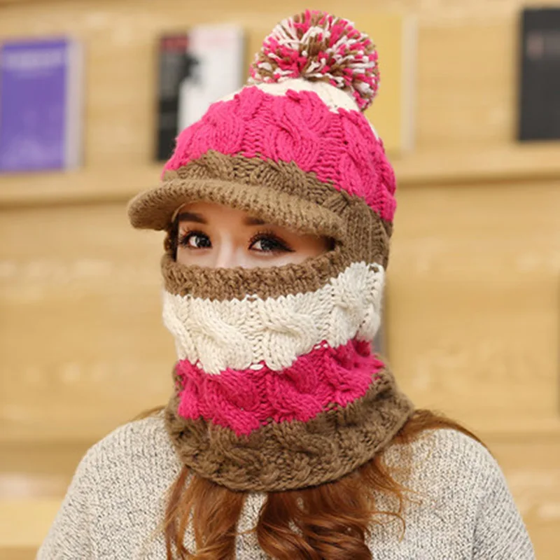 Autumn Winter Women Hat Scarf Set Casual Snow Cap Warm Plush Baggy Knitted Earflaps Beanies |