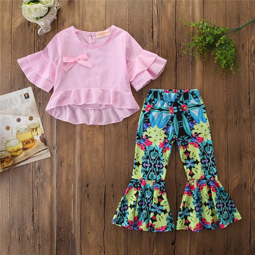 2019 Новый Модный комплект одежды для маленьких девочек топы с розовыми оборками +