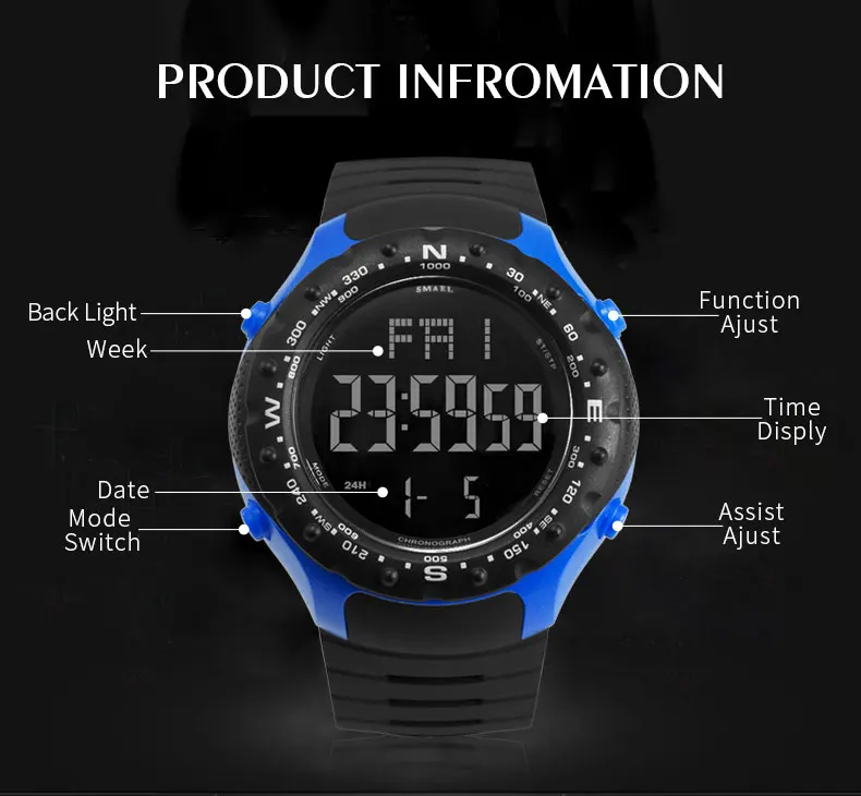 Мужские спортивные электронные часы SMAEL водонепроницаемые до 50 м | Наручные
