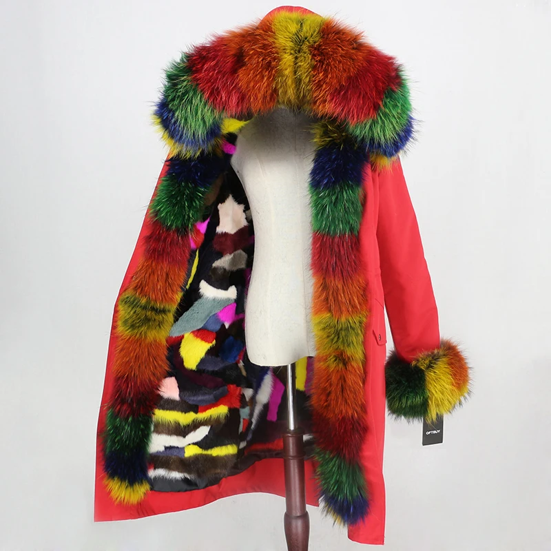 red multi OFTBUY X-long Parka водонепроницаемая верхняя одежда зимняя куртка женская шуба из натурального меха енота Капор из норки съемная меховая подкладка - Цвет: red multi