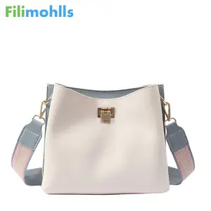 Sweet Lady Bucket Bag PU Leather Crossbody Bags For Women Wide Strap Shoulder Bag 2022 Luxury Panelled Messenger Bags S1696