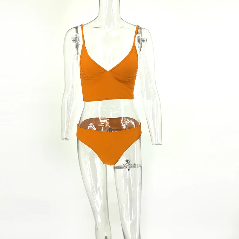 Новые однотонные Глубокий V купальник широкий ремень бикини 2018 Push Up Бикини Set