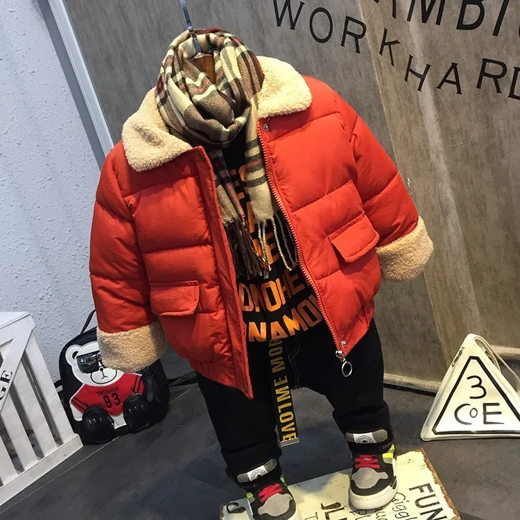 Orange 3 pcs Зимние комплекты одежды для детей теплая куртка на пуху, плотные рубашки с буквенным принтом штаны с эластичной резинкой на талии костюмы для маленьких мальчиков, 3 предмета, 4, 5, 6, 7 лет - Цвет: Orange 3 pcs