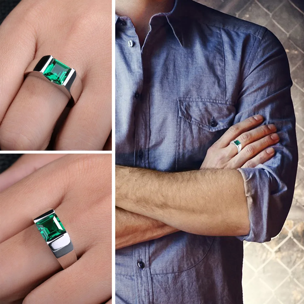 JewelryPalace Men's Charms 2.2ct Created Emerald Engagement Rings 100% Real 925 Sterling Sliver Square Cut Gemstone Fine Jewelry |