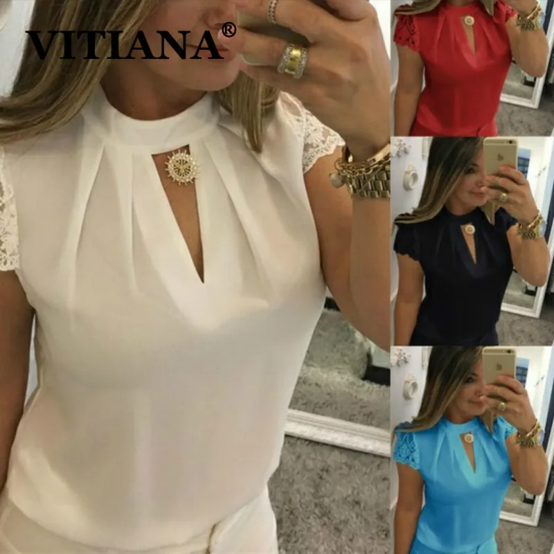 VITIANA, Женская официальная блузка, летняя, женская, короткий рукав, Холтер, одноцветная, черная, белая, тонкая, сексуальная, блузки, для девушек, офисная, рабочая одежда