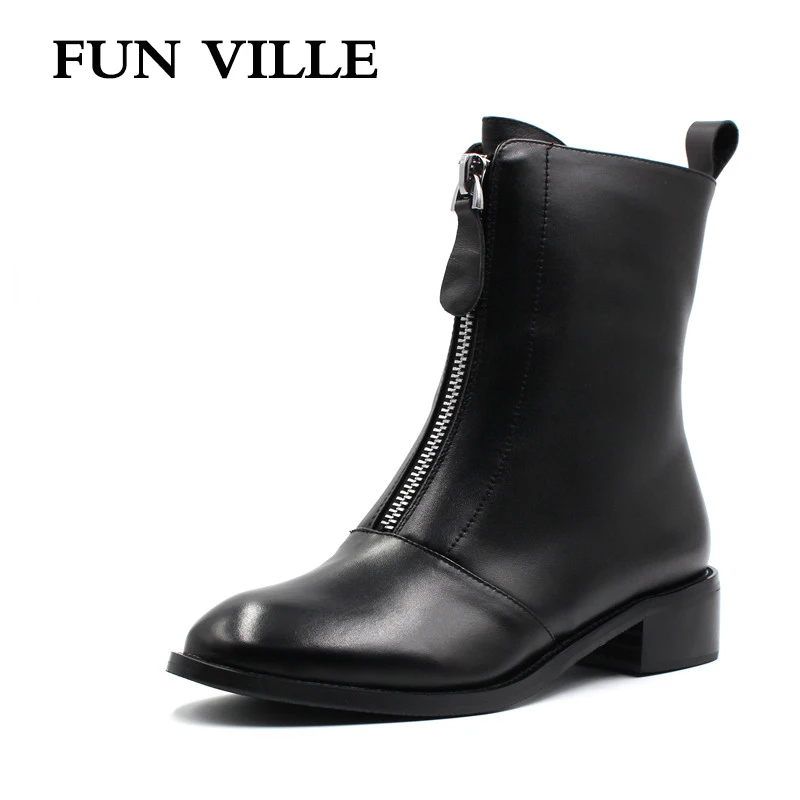

FUN VILLE 2017 New Autumn winter Women Ankle Boots Genuine leather Hign quality Martin boots Flat shoes for woman Round Toe