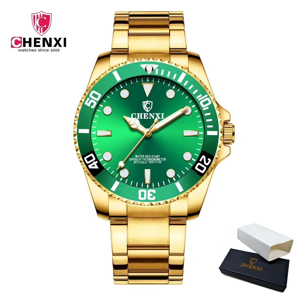 Gold Green and Box CHENXI роскошные золотые мужские золотые часы зеленое платье наручные часы для мужчин RX повседневные деловые водонепроницаемые светящиеся стрелки кварцевые часы - Цвет: Gold Green and Box