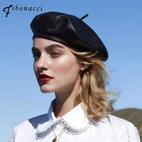fibonacci pu leather beret hats for women new fashion street french artist beanie cap autumn winter retro solid color black bere