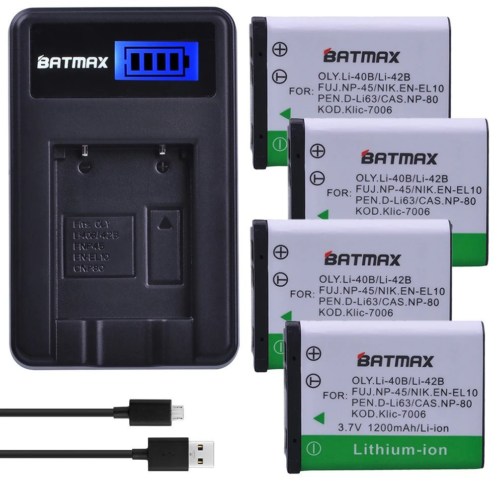 Batmax 4 шт. LI 40B 42B батарея + ЖК USB зарядное устройство для Olympus FUJI пленка fuji NP 45 NP45 45A 45B