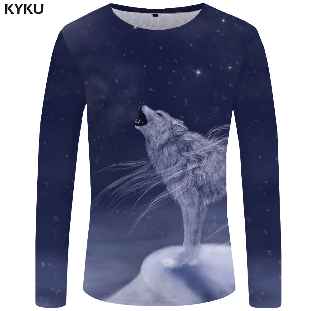 KYKU Wolf футболка мужская с длинным рукавом Футболка готический рок светильник одежда черная забавная футболка s животное 3d Футболка Аниме Мужская одежда s