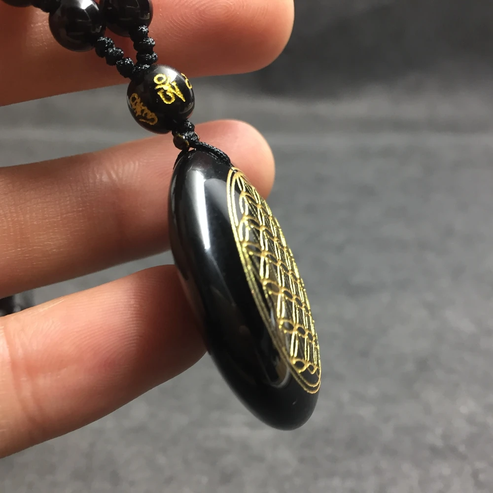 Модная Натуральная Мода Обсидиан Резной Цветок жизни золотая линия с веревкой