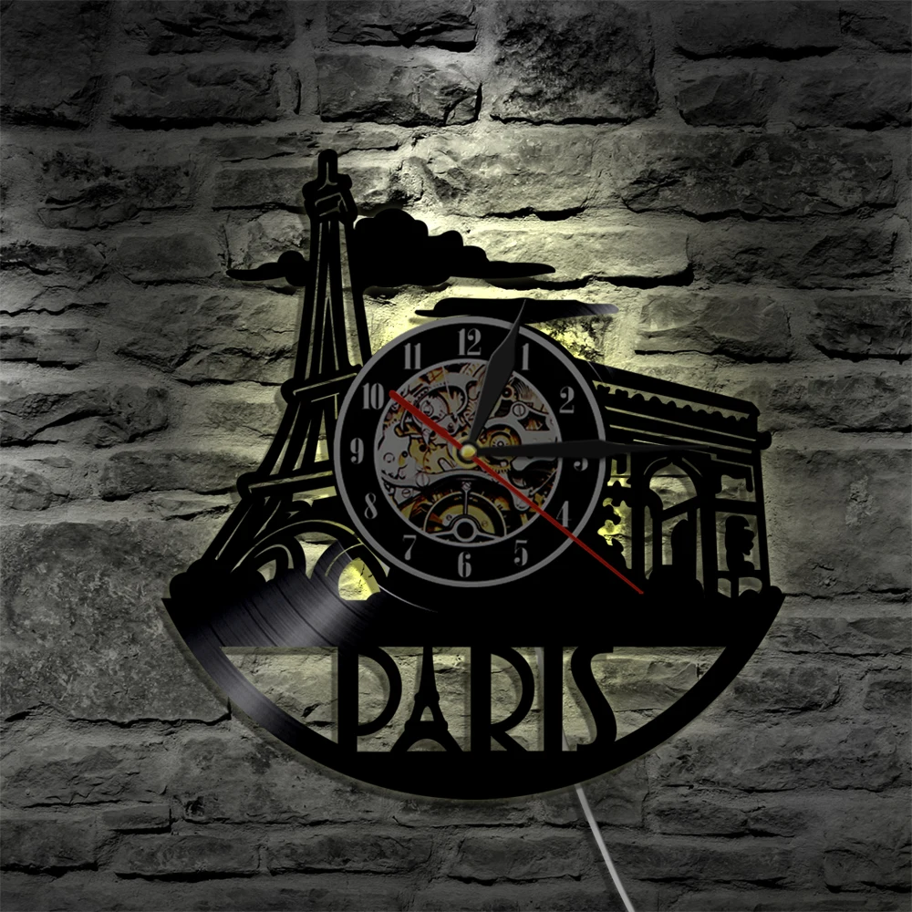 Парижа светодиодный виниловые освещение часов Цвет изменение настенный